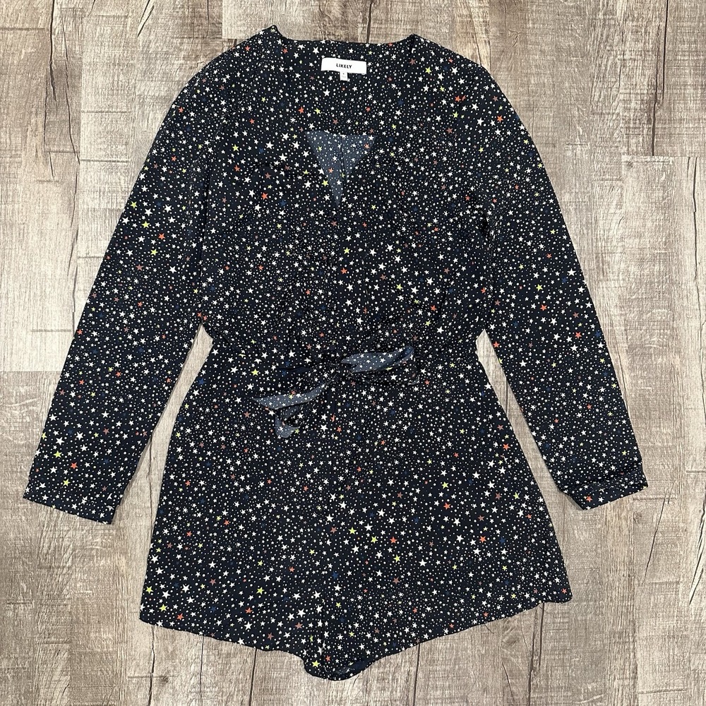 Likely Star Print Long Sleeve Romper Size 4 Cutout Tie Front‎ Button Up Party